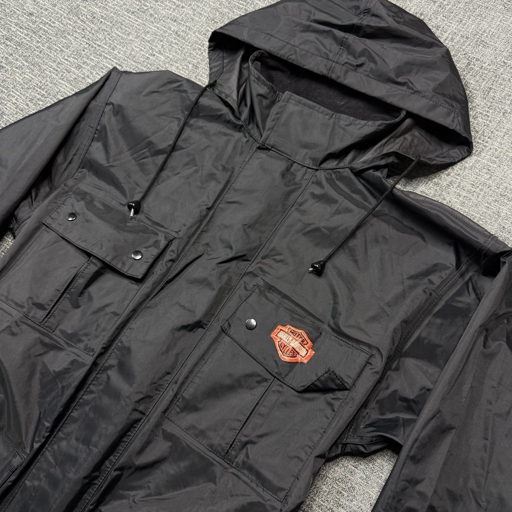 Harley Davidson Rain‎ Jacket Womens Small Black Wind Resistant Hood Pockets Logo
